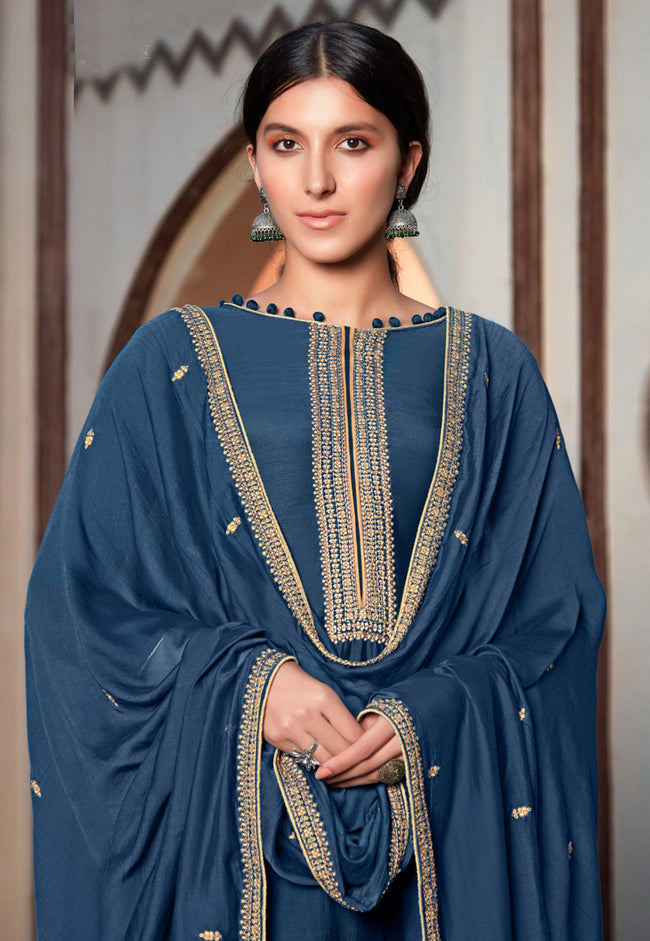 Blue Golden Embroidered Style Pant Suit In usa uk canada