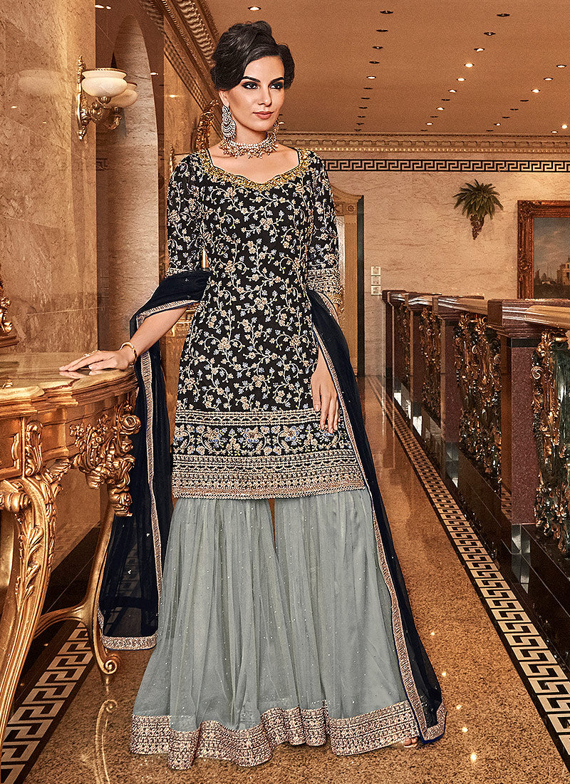 Black And Grey Gharara Palazzo Suit