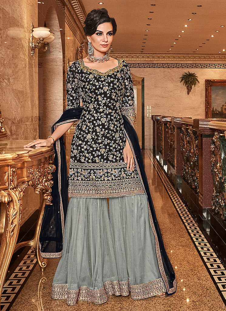 Black And Grey Gharara Palazzo Suit