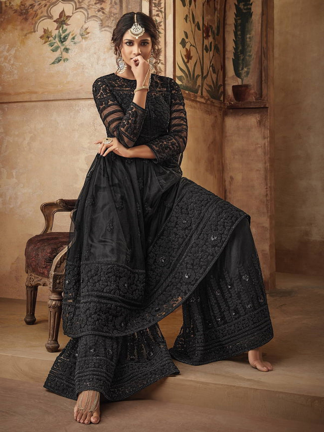 Buy Indian Black Thread Embroidered Party Wear Sharara Suit for Women Online in USA UK Canada Australia Germany New Zealand and Worldwide at Best Price