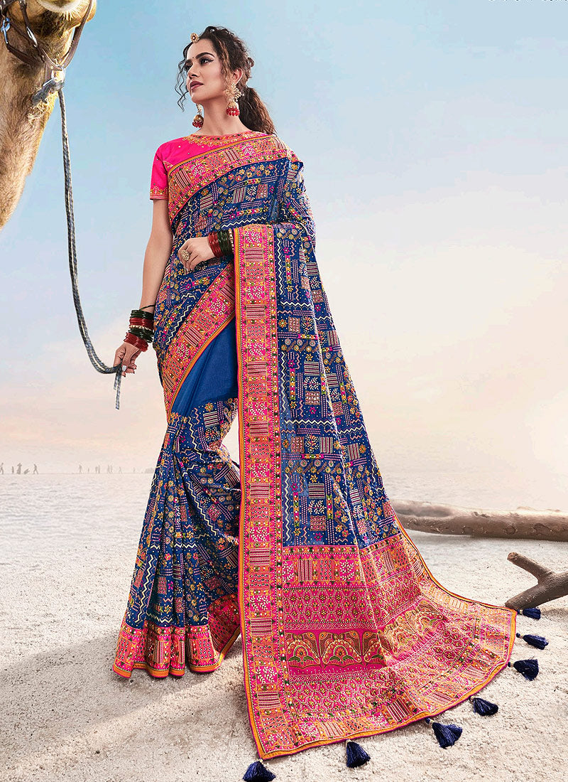 Buy Blue And Pink Embroidered Saree In USA, UK, Canada, Australia ...