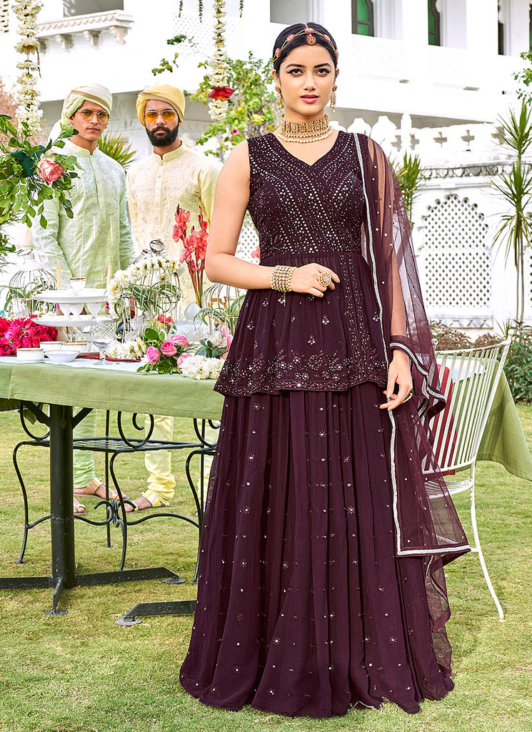 Deep Wine Mirror Embroidered Peplum Style Gharara Suit