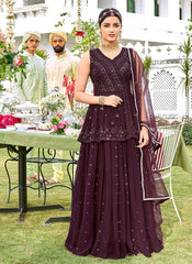 Deep Wine Mirror Embroidered Peplum Style Gharara Suit