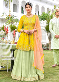 Yellow And Green Mirror Embroidered Peplum Style Gharara Suit