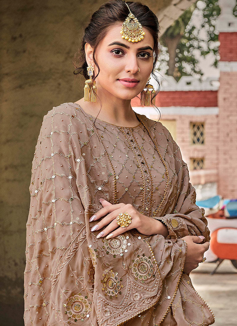 Indian Clothes - Beige Golden Embroidered Palazzo Suit
