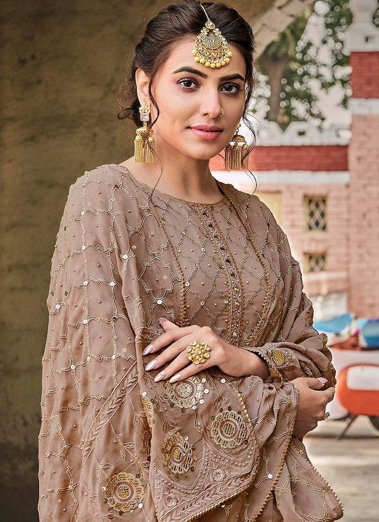 Indian Clothes - Beige Golden Embroidered Palazzo Suit