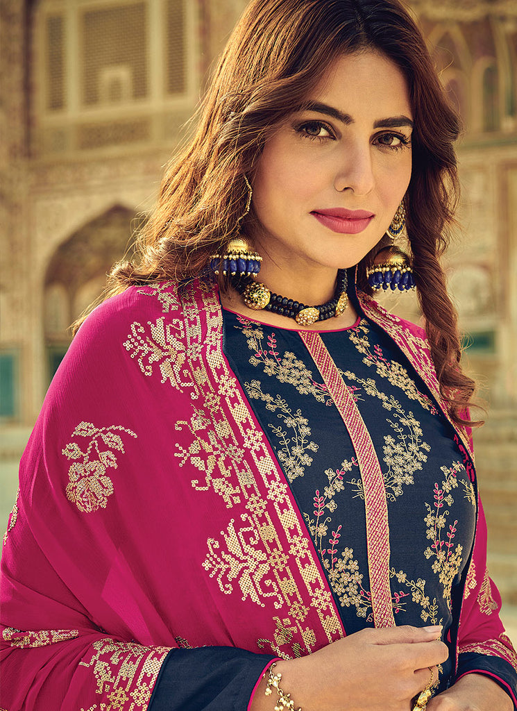 Indian Clothes - Blue And Pink Multi Embroidered Palazzo Suit In usa uk canada