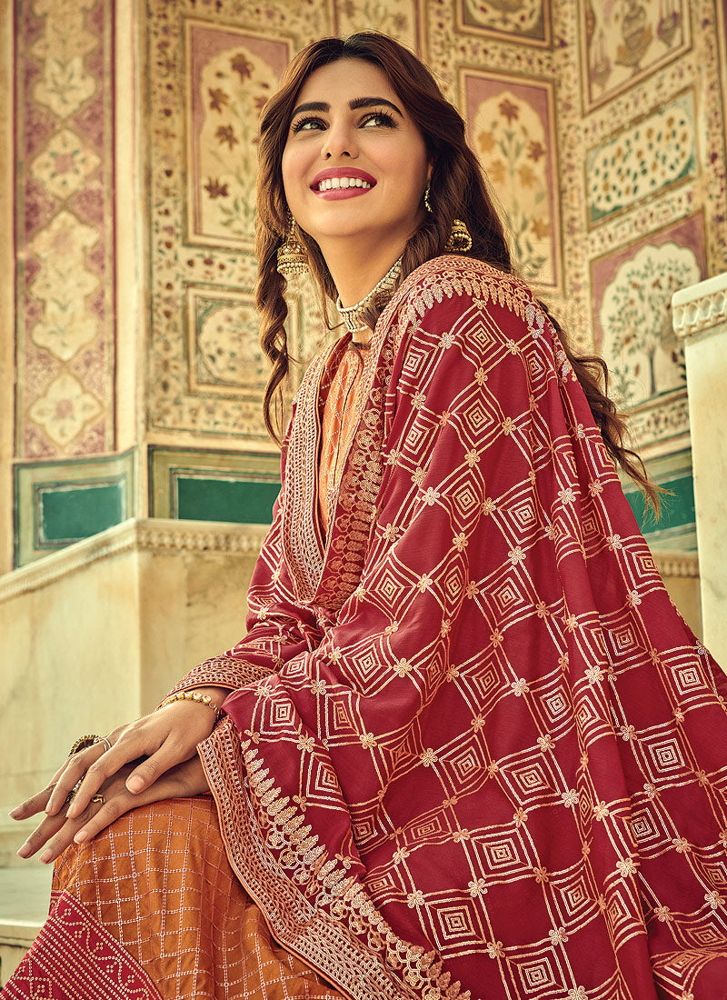 Indian Clothes - Orange And Red Multi Embroidered Palazzo Suit In usa uk canada