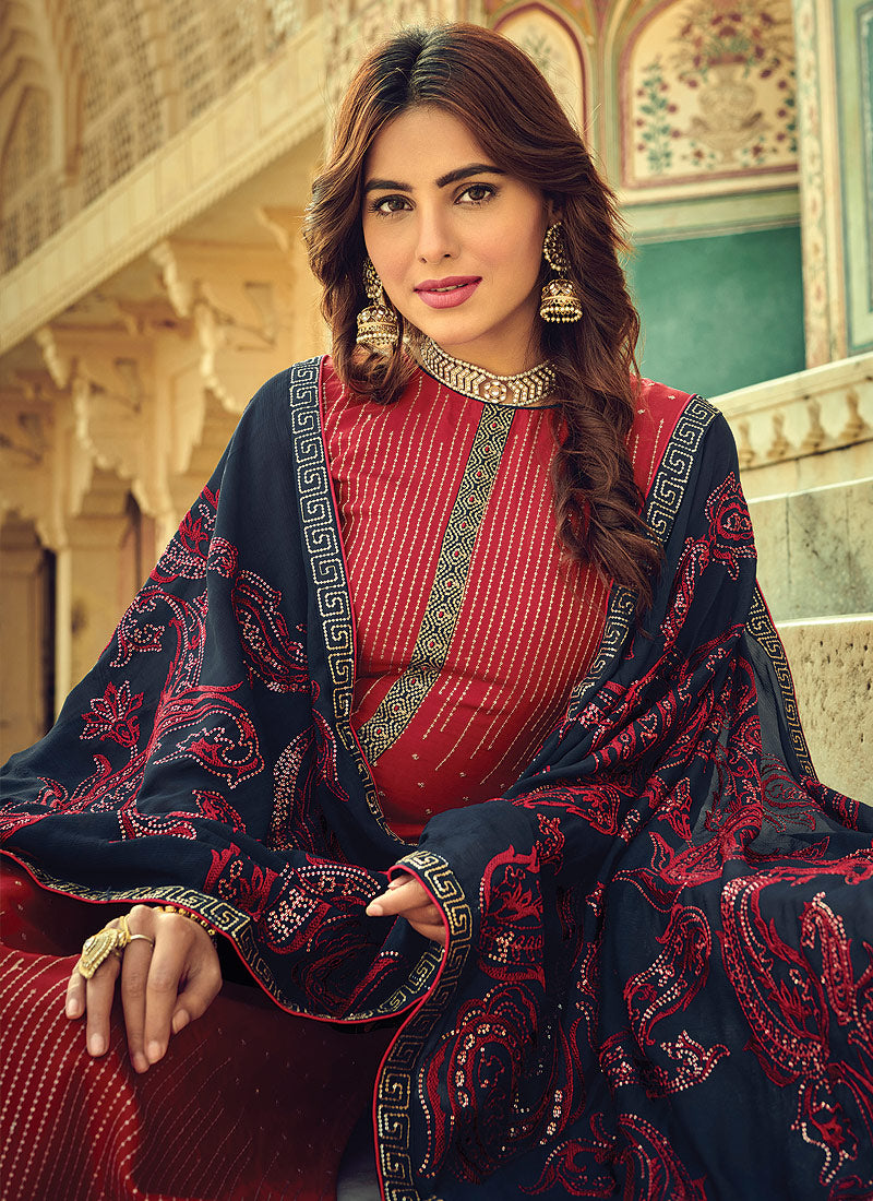 Indian Clothes - Red And Blue Multi Embroidered Palazzo Suit In usa uk canada