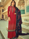 Red And Blue Multi Embroidered Palazzo Suit