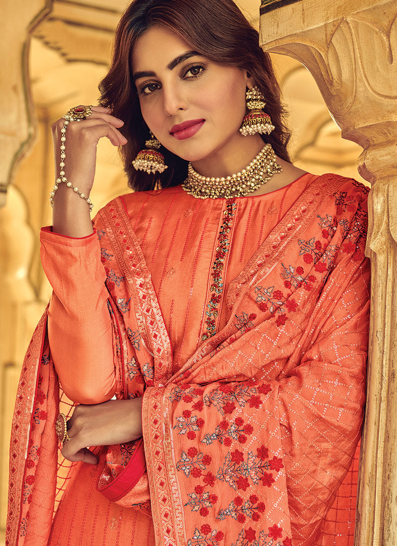 Indian Clothes - Orange Red Multi Embroidered Palazzo Suit In usa uk canada