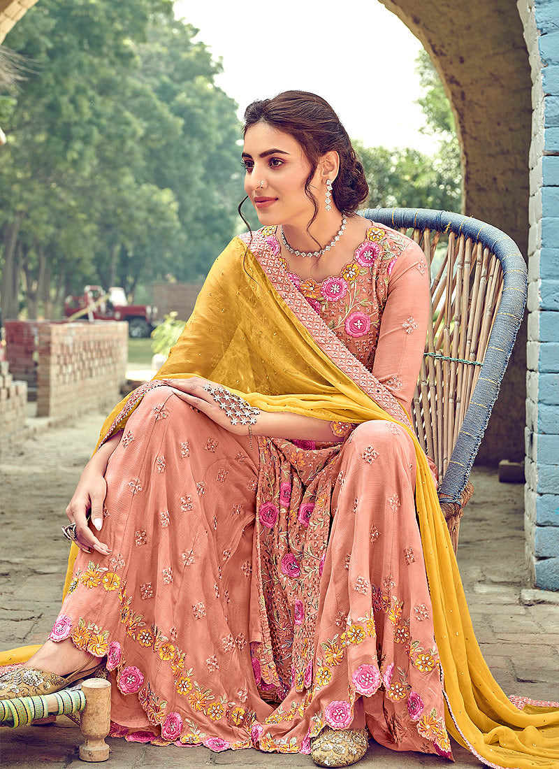 Peach And Yellow Embroidered Gharara Suit