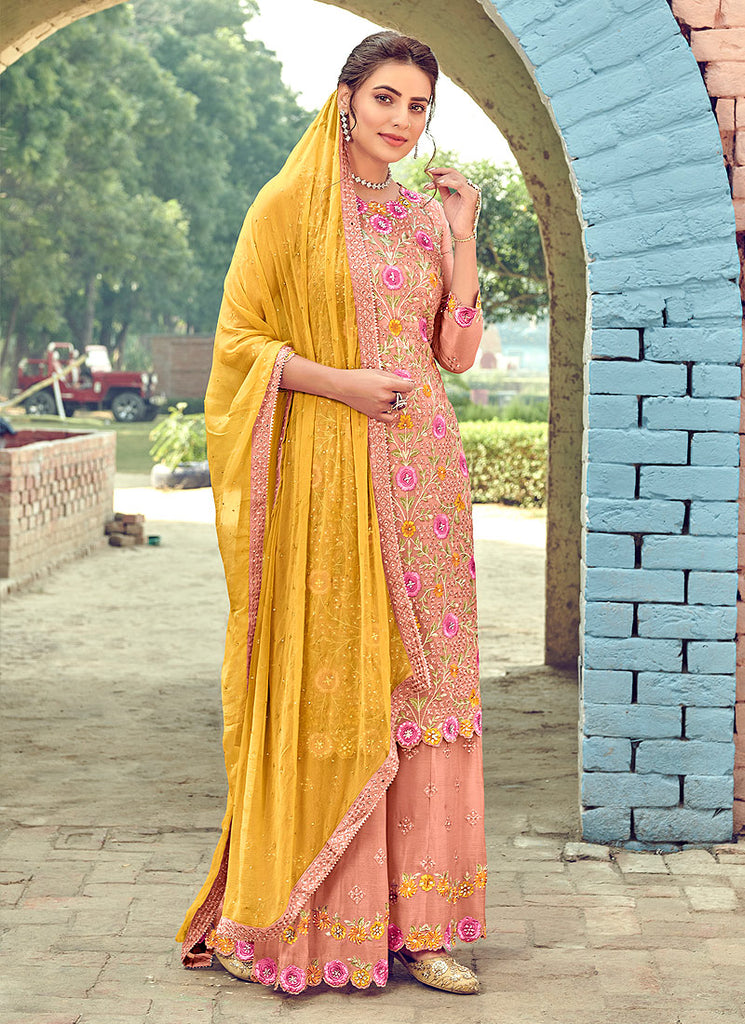 Peach And Yellow Embroidered Gharara Suit