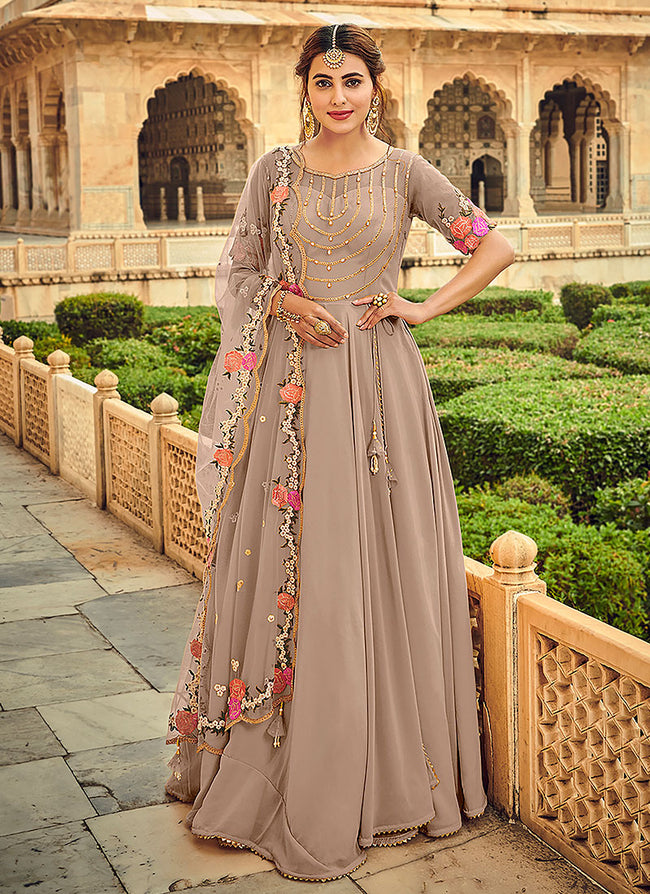 Mauve Floral Embroidered Indian Anarkali Suit