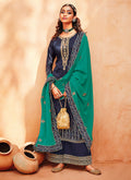 Blue And Green Ethnic Embroidered Festive Palazzo Suit