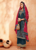 Turquoise And Red Ethnic Embroidered Festive Palazzo Suit