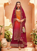 Orange And Red Ethnic Embroidered Festive Palazzo Suit