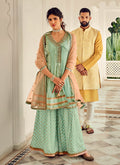 Teal Blue And Peach Angrakha Style Gharara Suit