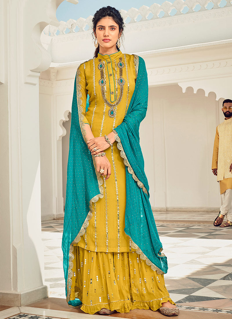 Buy Yellow And Blue Embroidered Gharara Style Suit In Uk online
