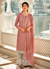 Salmon Pink And Beige Embroidered Palazzo Style Suit
