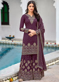 Purple And Gold Embroidered Georgette Gharara Suit