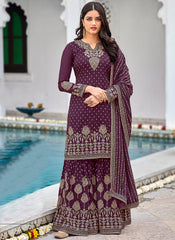 Purple And Gold Embroidered Georgette Gharara Suit