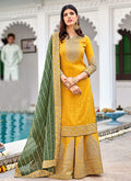Yellow And Green Embroidered Georgette Gharara Suit
