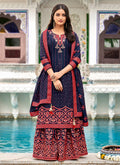 Blue And Red Embroidered Georgette Gharara Suit