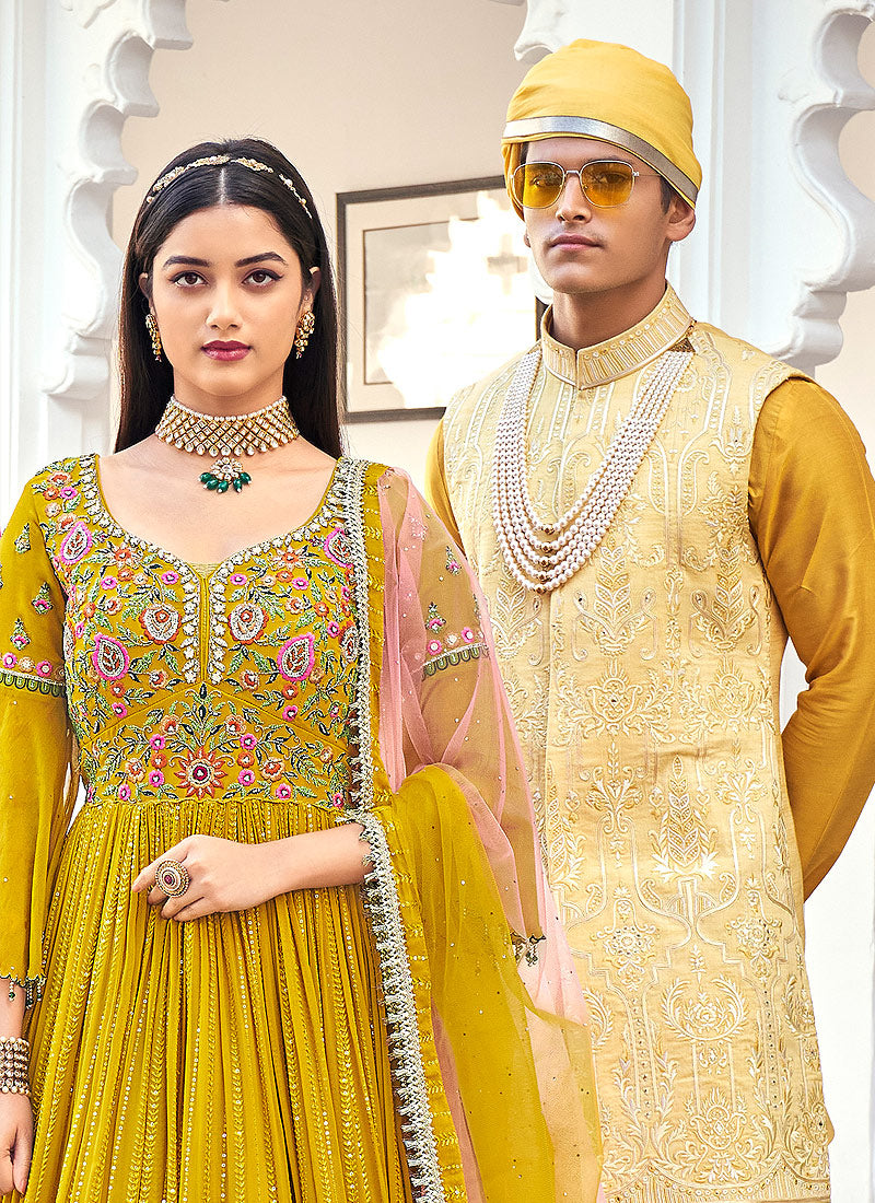 Yellow Embroidered Anarkali Gown In usa