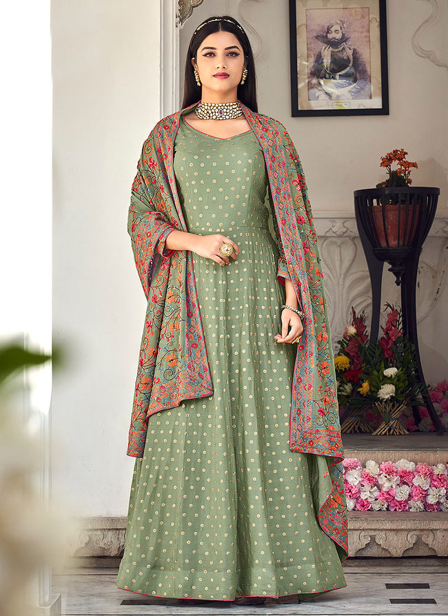 Olive Green Multi Floral Embroidered Designer Anarkali Gown