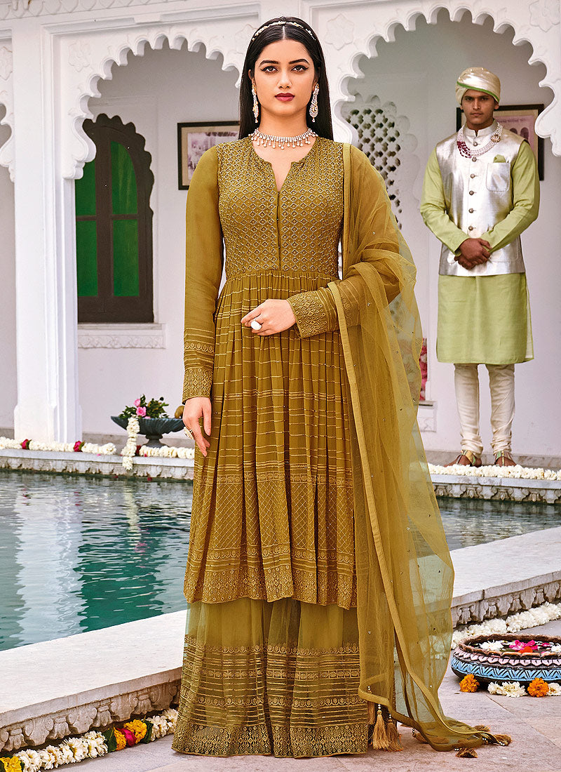 Mustard Yellow Anarkali Style Gharara Suit
