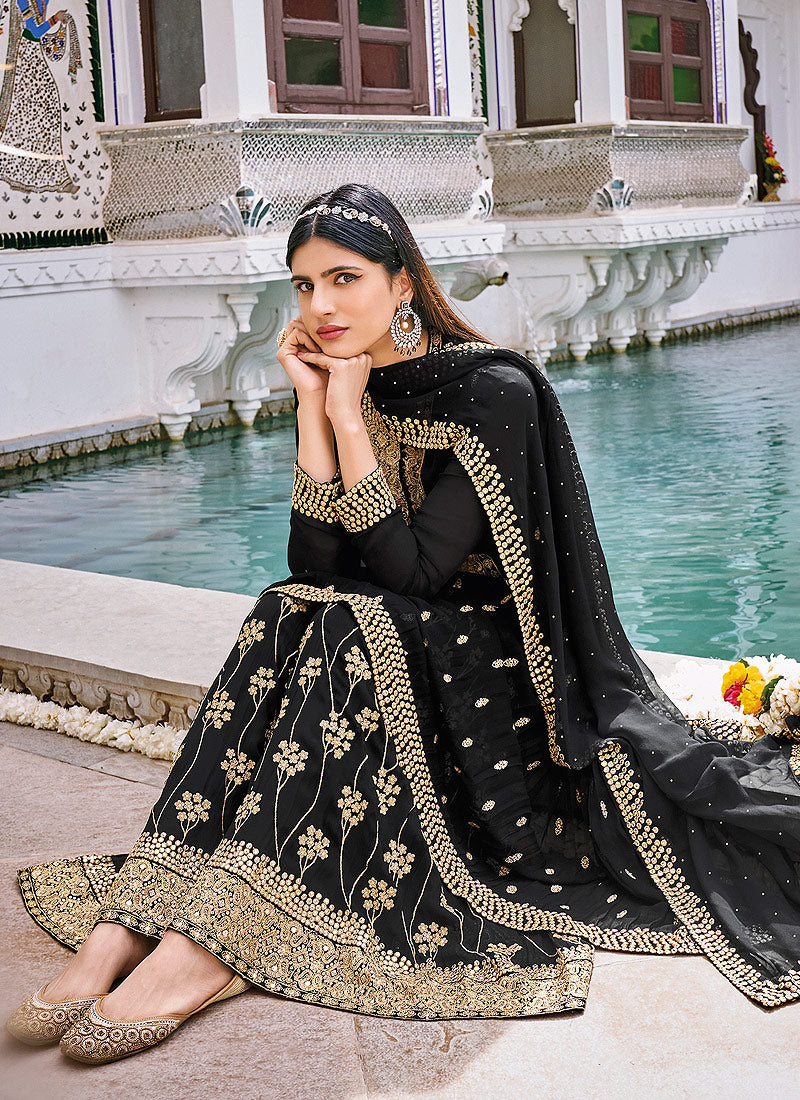 Black Golden Anarkali Style Gharara Suit In Canada