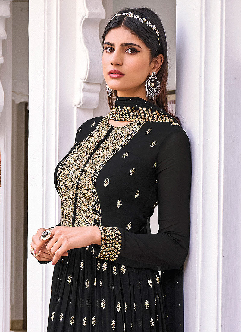 Black Golden Anarkali Style Gharara Suit In Canada
