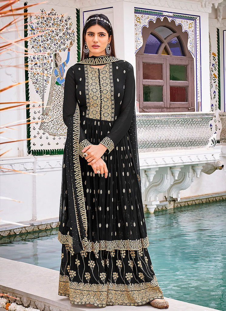 Black Golden Anarkali Style Gharara Suit