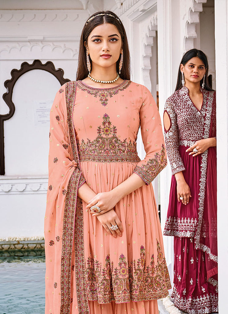 Peach Golden Anarkali Style Gharara Suit