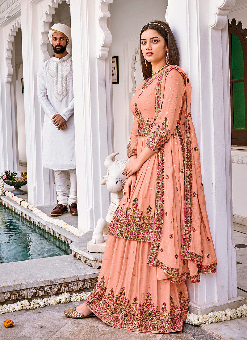 Peach Golden Anarkali Style Gharara Suit In Australia