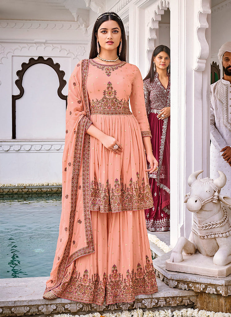 Peach Golden Embroidered Anarkali Style Gharara Suit