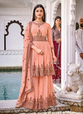 Peach Golden Embroidered Anarkali Style Gharara Suit