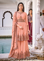 Peach Golden Embroidered Anarkali Style Gharara Suit
