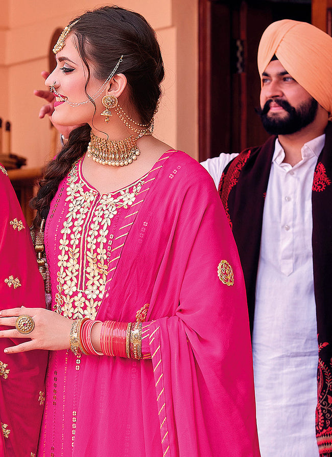 Magenta Pink Golden Embroidered Sharara Suit