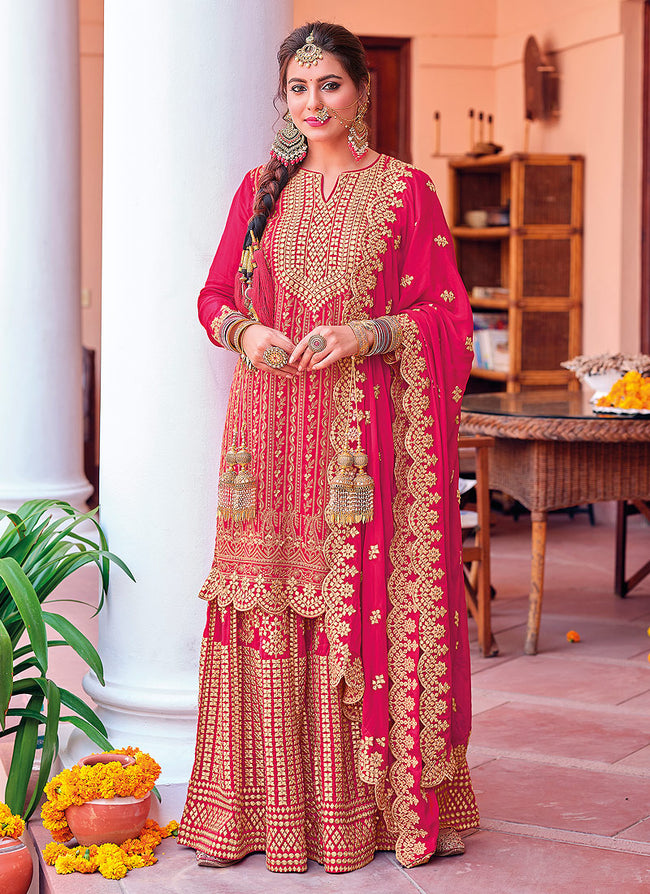 Rani Pink Golden Embroidered Sharara Suit
