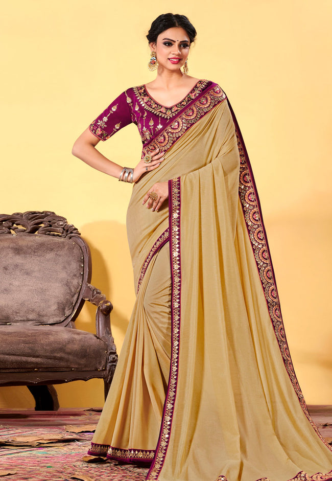 Beige and Maroon Traditional Saree