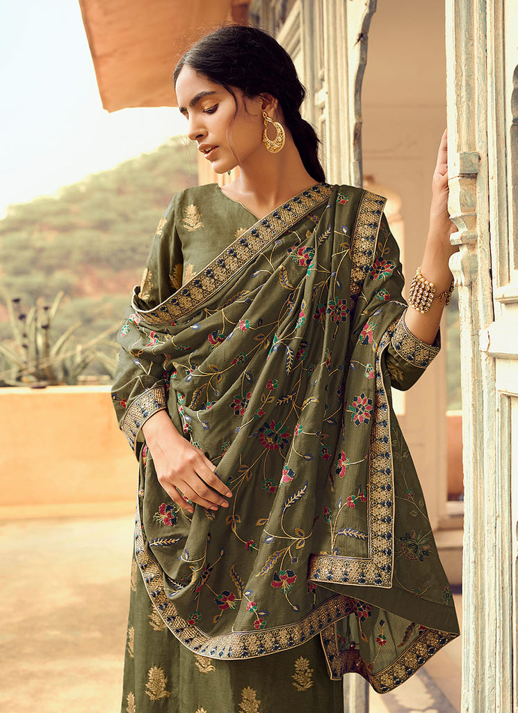 Indian Clothes - Olive Green Multi Embroidered Gharara Suit