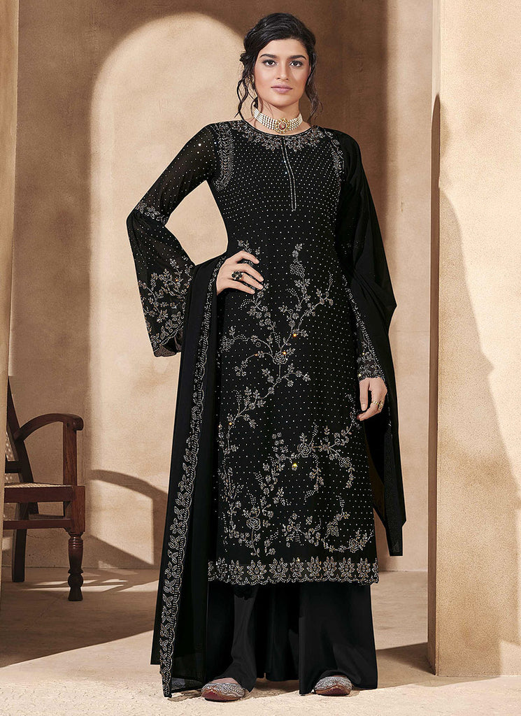 Black All Over Crystal Embroidered Palazzo Suit