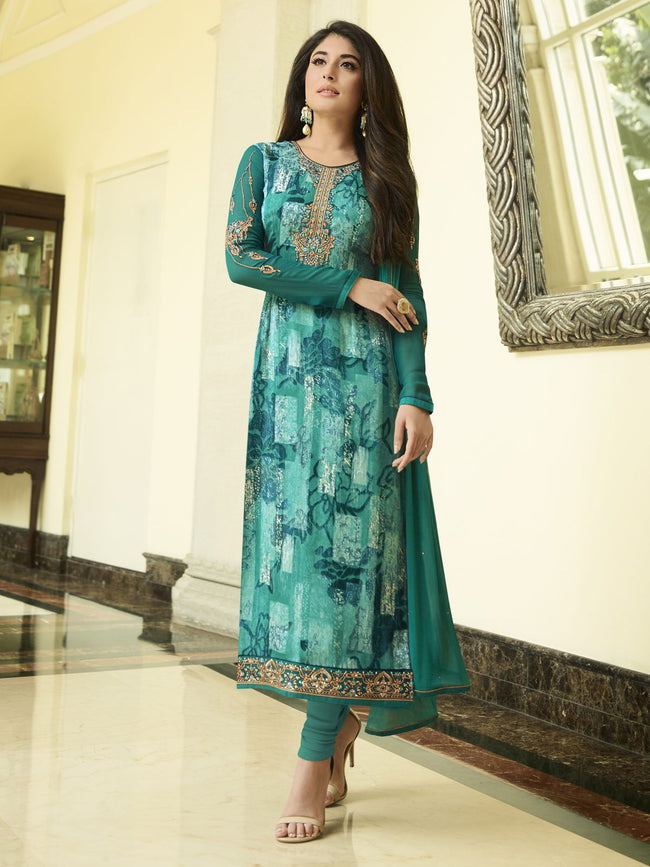 Turquoise Green Hues Brasso Designer Pant Suit