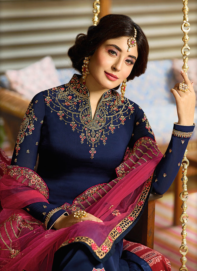 Blue And Pink Multi Embroidered Pakistani Pant Suit