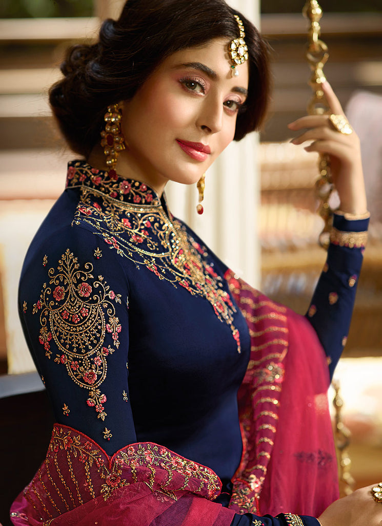 Blue And Pink Multi Embroidered Pakistani Pant Suit