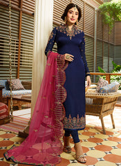 Blue And Pink Multi Embroidered Pakistani Pant Suit
