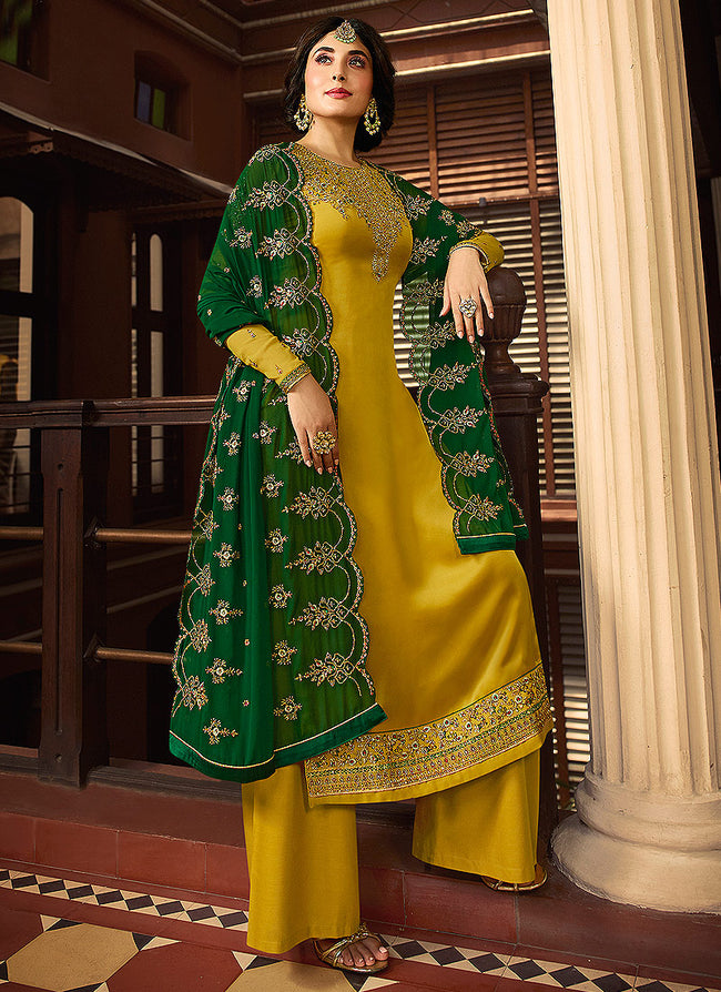 Yellow And Green Multi Embroidered Pakistani Pant Suit