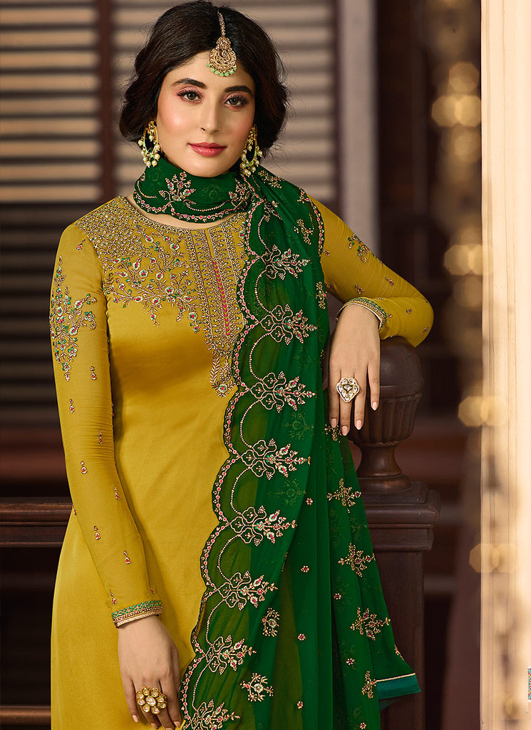 Yellow And Green Multi Embroidered Pakistani Pant Suit